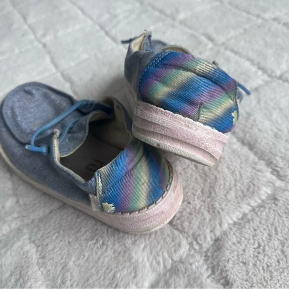 Hey Dude | Blue & Rainbow Wendy Youth Sparkle Denim Shoes | Size Y1-L2